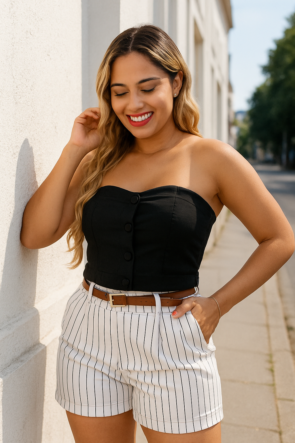 Premium Damen-Shorts – Elegante Stoffshorts mit Gürtel, Taschen &amp; Reißverschluss
